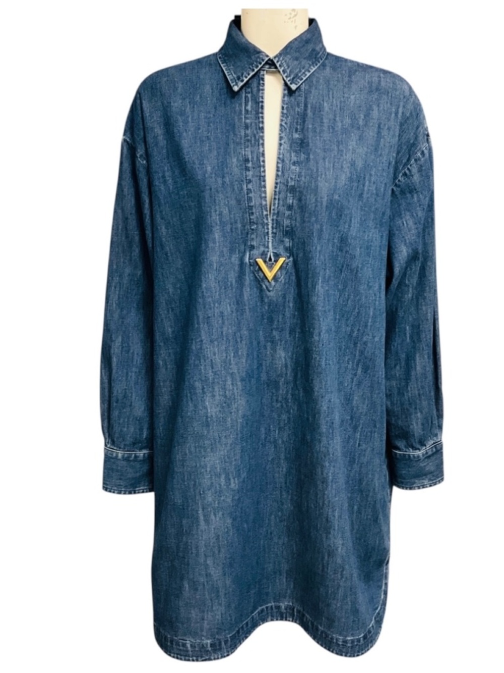 VALENTINO BLUE KAFTAN DENIM MINI DRESS WITH GOLD VLOGO DETAIL
